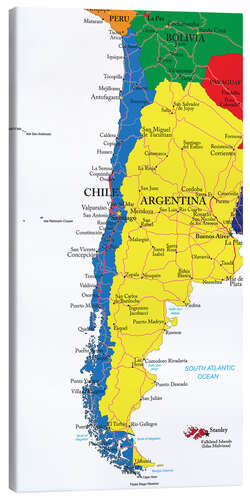 Tableau sur toile Carte du Chili et de l'Argentine (anglais)