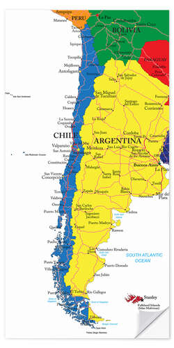 Sticker mural Carte du Chili et de l'Argentine (anglais)