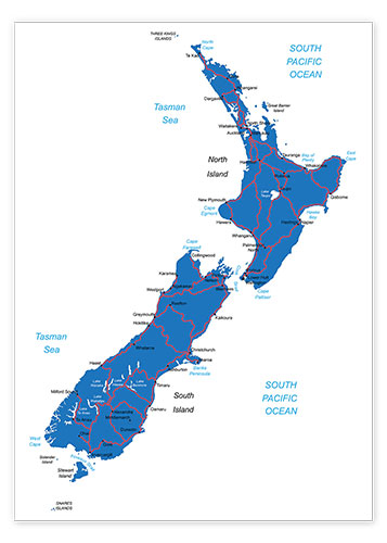 Poster Carte de la Nouvelle-Zélande (anglais)