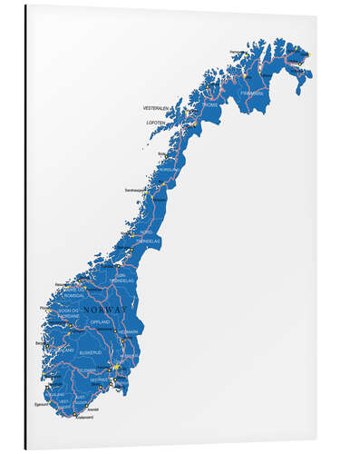 Stampa su alluminio Mappa della Norvegia (inglese)