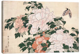 Leinwandbild  Pfingstrosen und ein Schmetterling - Katsushika Hokusai