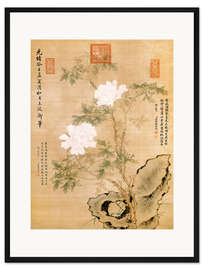 Gerahmter Kunstdruck Pfingstrosen und Felsen