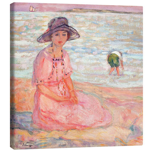 Canvastavla Woman in the Pink Dress by the Sea