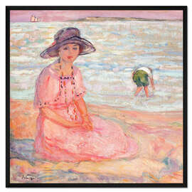 Gerahmter Kunstdruck Frau im rosafarbenen Kleid am Meer
