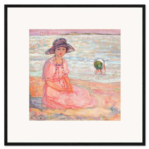 Gerahmter Kunstdruck Frau im rosafarbenen Kleid am Meer