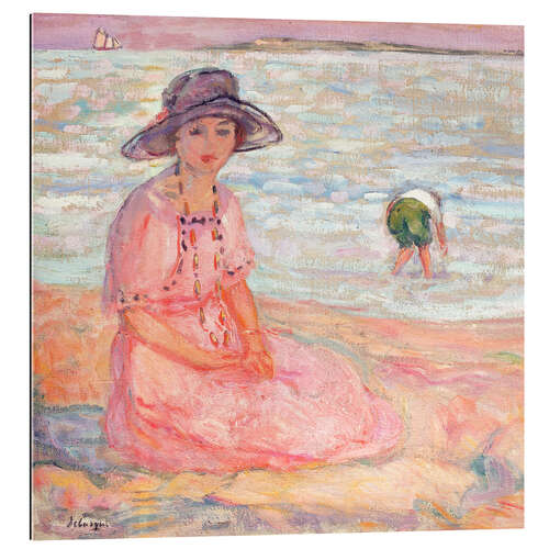 Tableau en plexi-alu Femme à la robe rose au bord de la mer