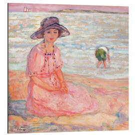 Magnettafel Frau im rosafarbenen Kleid am Meer