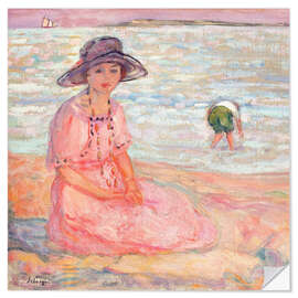 Selvklæbende plakat Woman in the Pink Dress by the Sea