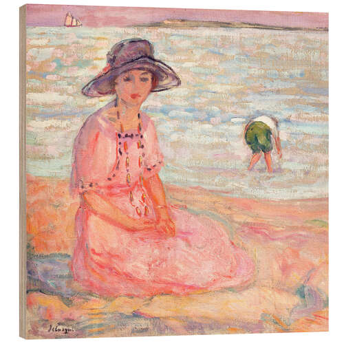 Stampa su legno Woman in the Pink Dress by the Sea