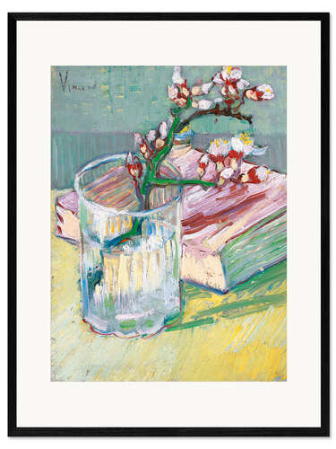 Impresión de arte enmarcada Rama de almendro con flores en un vaso y un libro