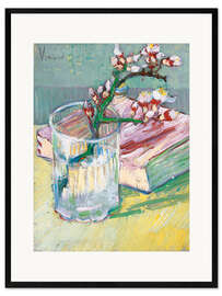 Innrammet kunsttrykk Blossoming Almond Branch in a Glass with a Book