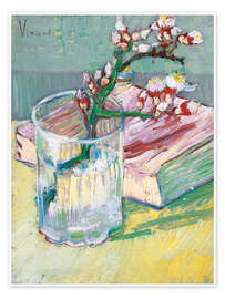 Poster Flowering almond branch in a glass with a book