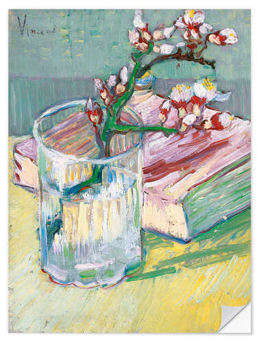 Självhäftande poster Blossoming Almond Branch in a Glass with a Book