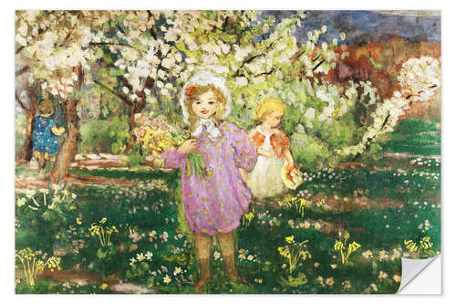 Muursticker Children in an Orchard in Blossom