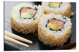 Aluminium print Sushi on wooden plate with chopsticks