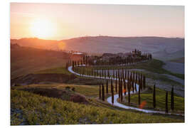 PVC-tavla Sunset over farmhouse in Tuscany, Italy