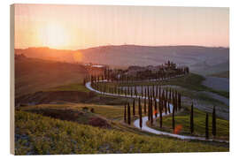 Wood print Sunset over farmhouse in Tuscany, Italy