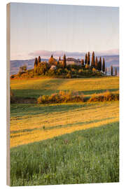 Holzbild Podere Belvedere bei Sonnenaufgang, Toskana, Italien