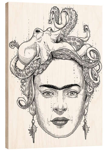 Holzbild Frida Kahlo Octopus Zeichnung