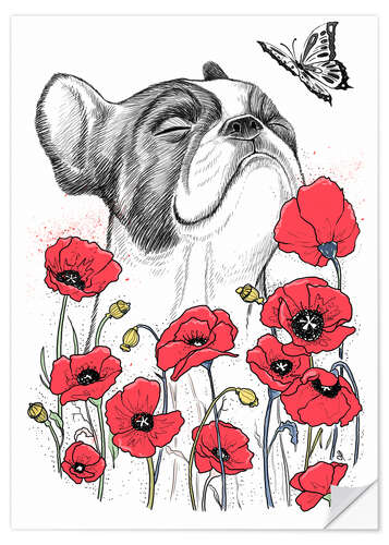 Självhäftande poster Pug in flowers