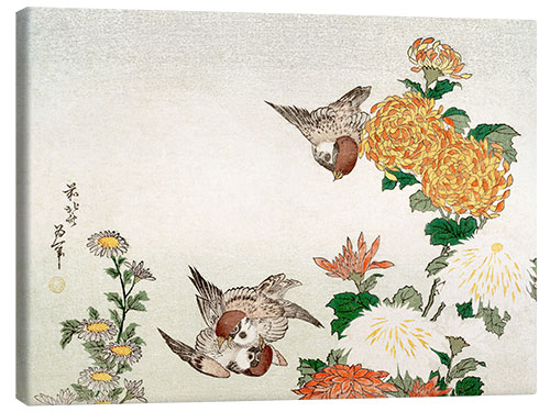 Canvas print Sparrows and Chrysanthemums