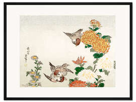 Gerahmter Kunstdruck Spatzen und Chrysanthemen