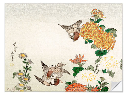 Muursticker Sparrows and Chrysanthemums