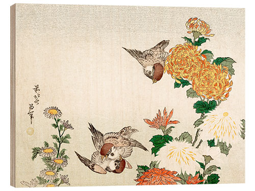 Puutaulu Sparrows and Chrysanthemums
