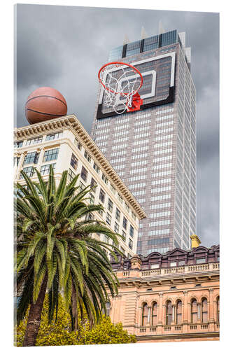 Tableau en verre acrylique Panier de basket-ball sur un gratte-ciel