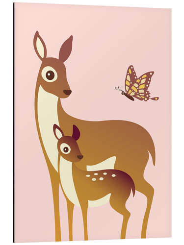 Aluminium print Mom And Baby Deer With Butterfly