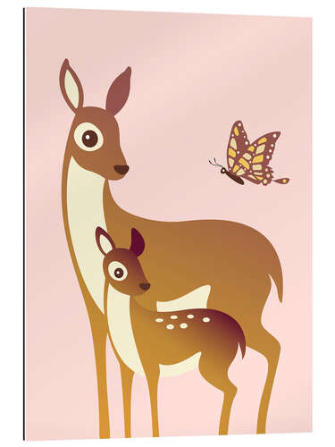 Tableau en plexi-alu Biche et son petit avec un papillon