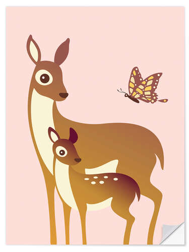 Naklejka na ścianę Mom And Baby Deer With Butterfly