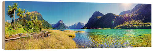 Wood print Milford Sound with palms New Zealand