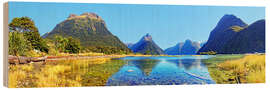 Wood print New Zealand Milford Sound Panorama