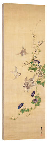 Wood print Sparrows and morning glory