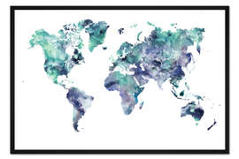 Gerahmter Kunstdruck Weltkarte Aquamarin