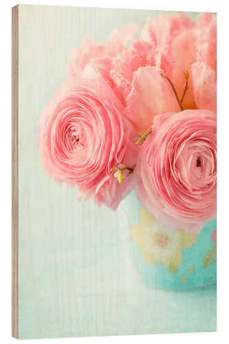 Wood print Ranunculus and tulips