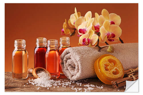 Muursticker Spa still life with essential oils and orchid