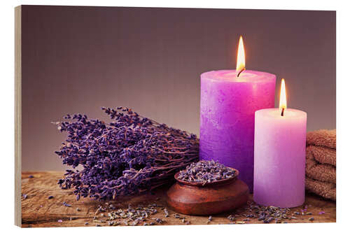 Wood print Spa still life with candles and lavender