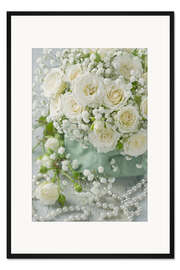 Gerahmter Kunstdruck Weiße Rosen und Perlen I