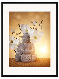 Gerahmter Kunstdruck Buddha-Statue und Orchidee