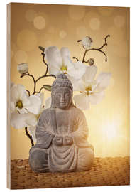 Tableau en bois  Statue de Bouddha et orchidée - Elena Schweitzer