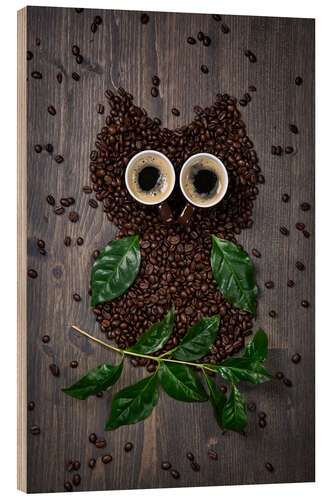 Wood print Coffee owl from beans, leaves and cups