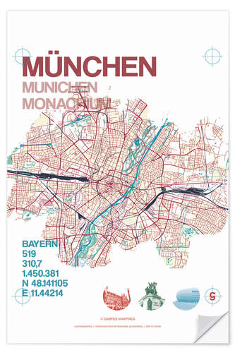 Selvklebende plakat Munich city map