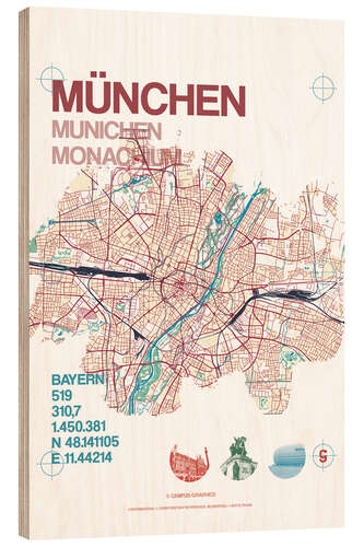 Hout print Munich city map