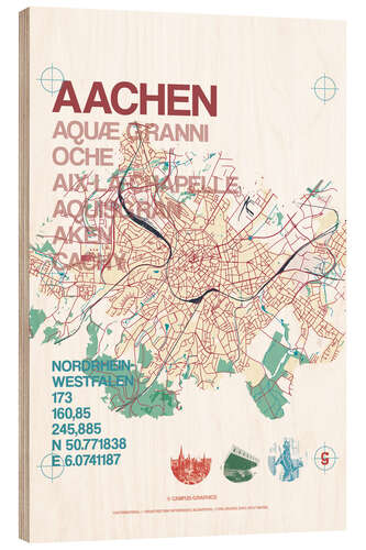 Hout print Aachen city motif map