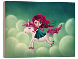 Hout print Illustration with a unicorn with a girl