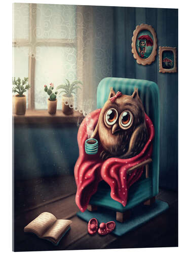 Acrylic print Owl with a cup of coffee