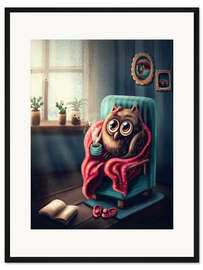 Gerahmter Kunstdruck Eule mit einer Tasse Kaffee