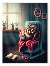Poster Owl with a cup of coffee